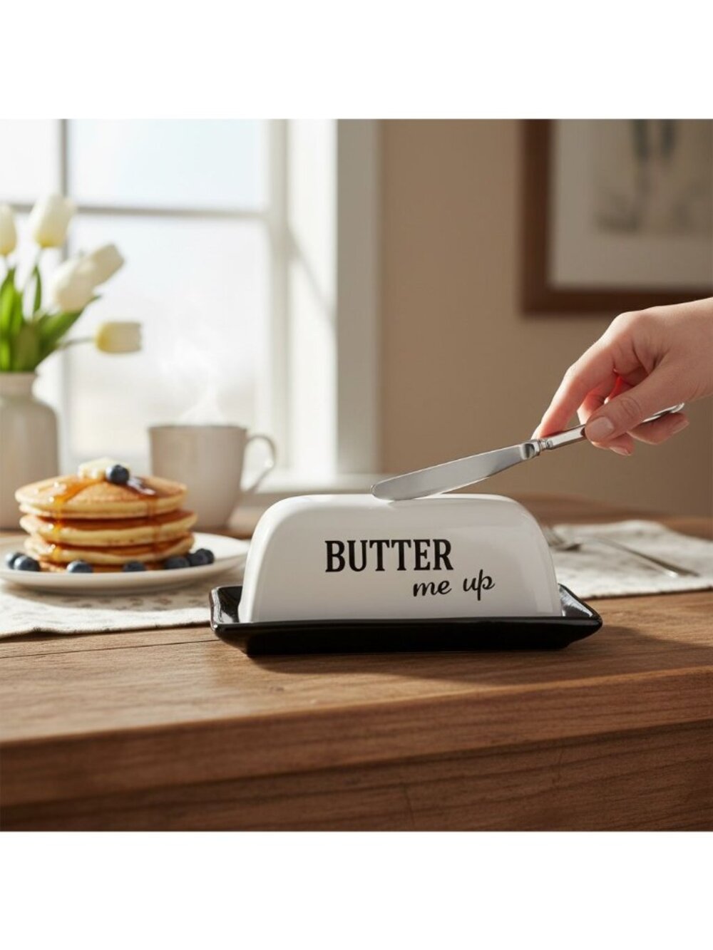 Butter Dish With "Butter Me Up" Text - Ceramic Black & White Lid & Tray